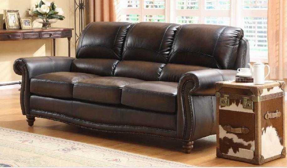 A brown leather sofa.